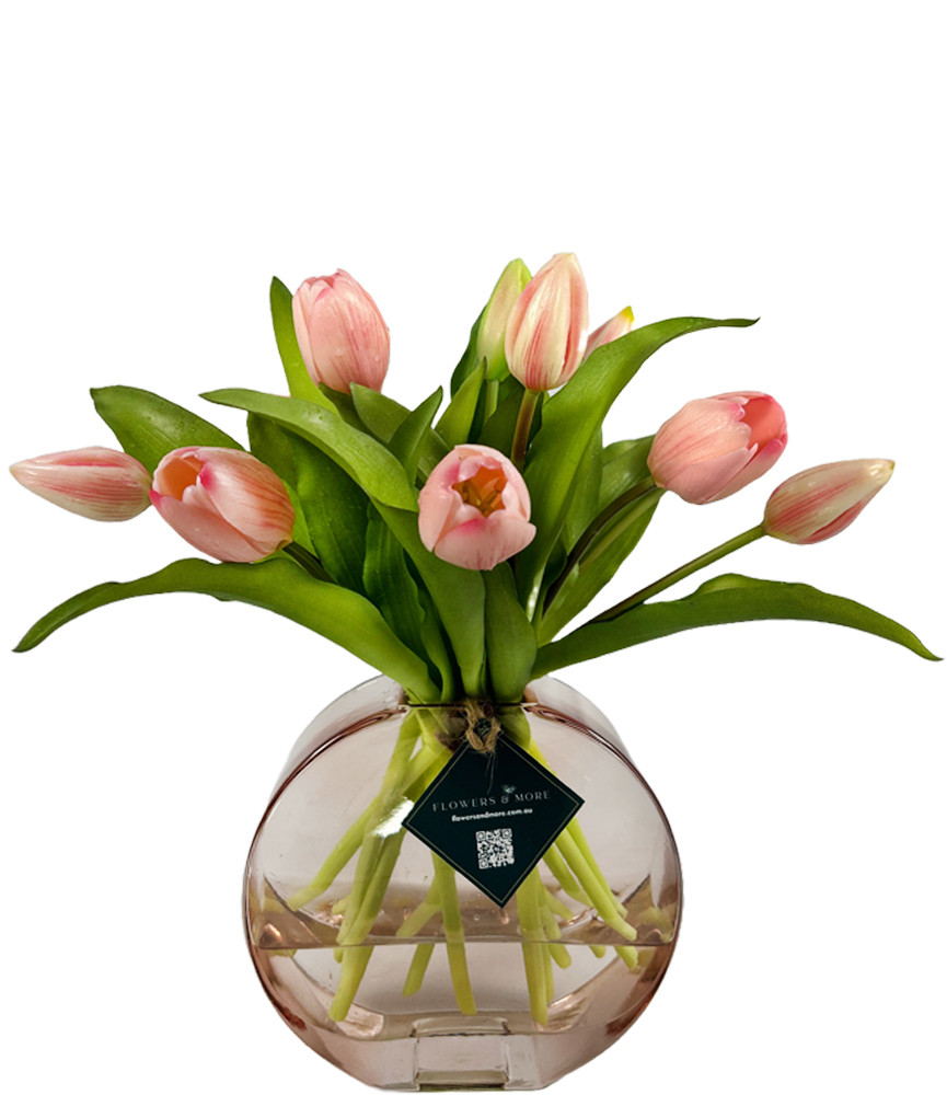 34cm PinkTulips in Pink Flat Vase