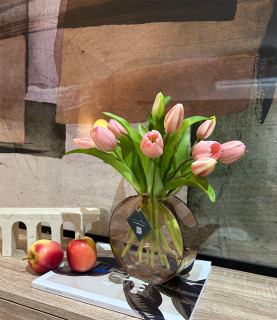 34cm PinkTulips in Pink Flat Vase