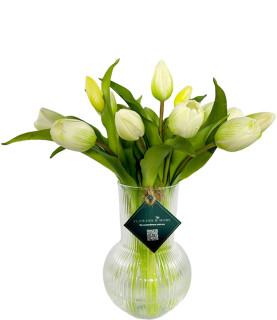 32cm White Tulips in Striped Vase