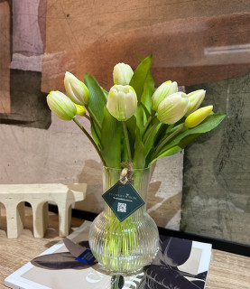 32cm White Tulips in Striped Vase