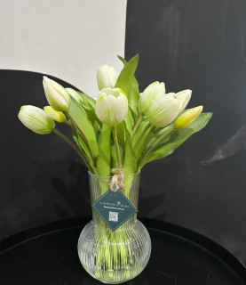 32cm White Tulips in Striped Vase