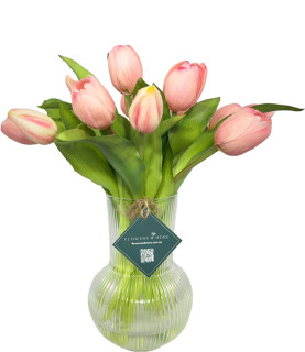 32cm Pink Tulips in Striped Vase