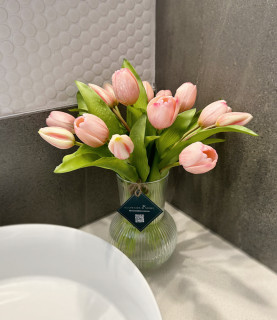 32cm Pink Tulips in Striped Vase