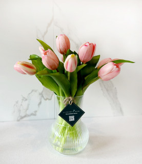 32cm Pink Tulips in Striped Vase