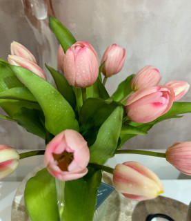 32cm Pink Tulips in Striped Vase