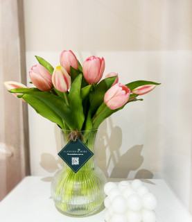 32cm Pink Tulips in Striped Vase