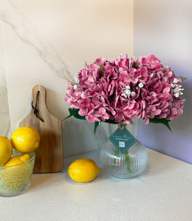 32 Pink Hydrangea in Striped Vase