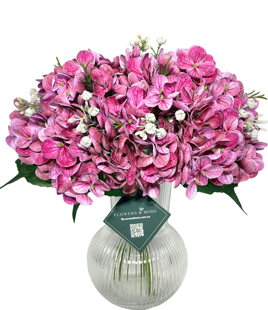 32 Pink Hydrangea in Striped Vase