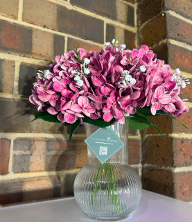 32 Pink Hydrangea in Striped Vase