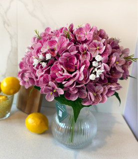 32 Pink Hydrangea in Striped Vase