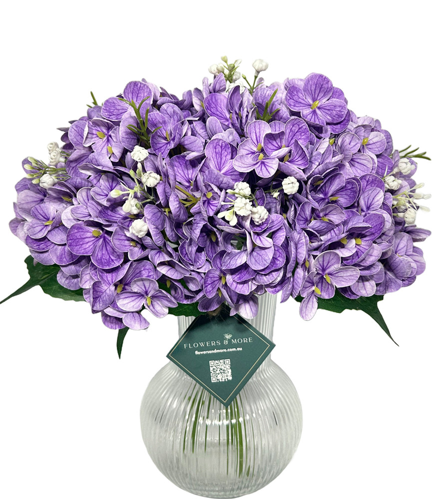 32 Purple Hydrangea In Striped Vase