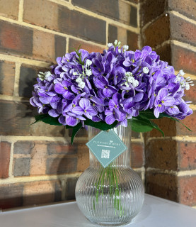 32 Purple Hydrangea In Striped Vase