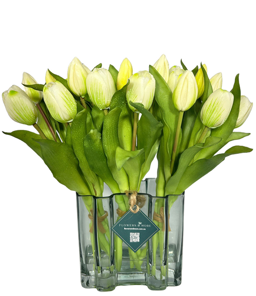 32cm White Tulips in Dark Glass Vase