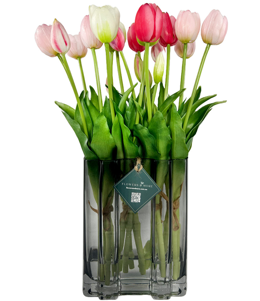 40cm Mixed Tulips In Dark Glass Vase