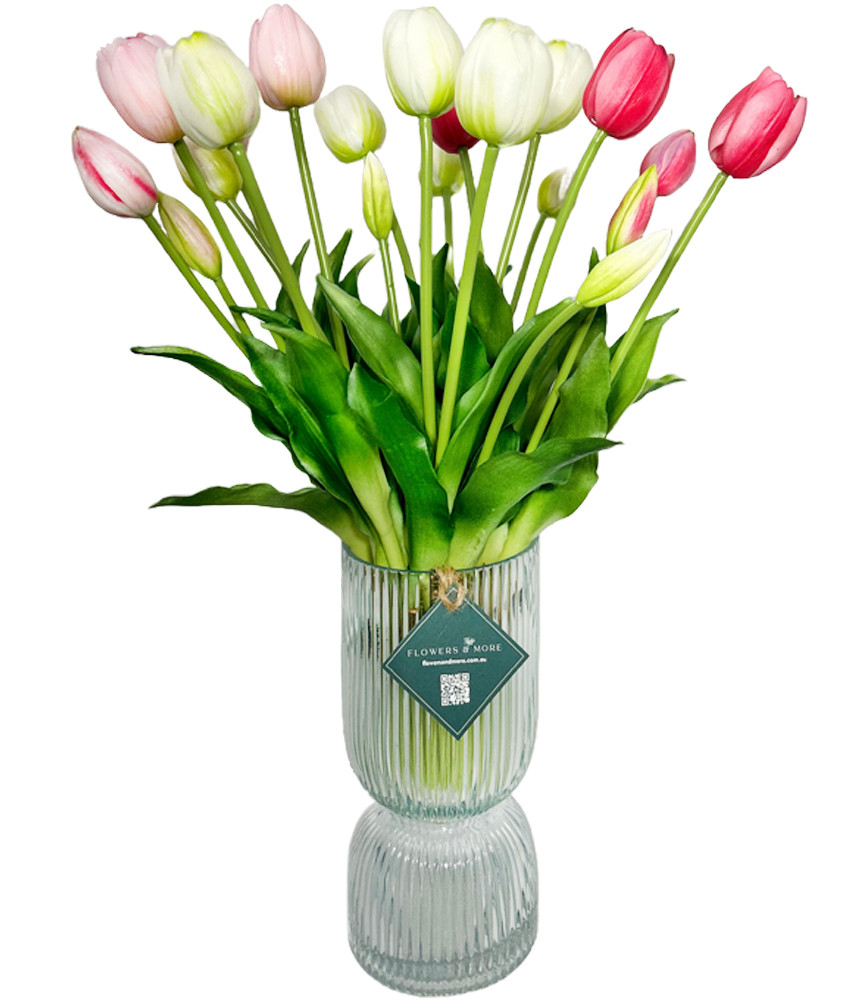 48cm Mixed Tulips In striped Glass Vase