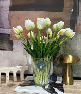 40cm White Tulips in Clear Glass Vase